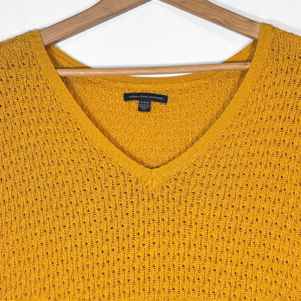 American Eagle‎ AEO V-Neck Pullover Sweater Womens M Pointelle Waffle Knit